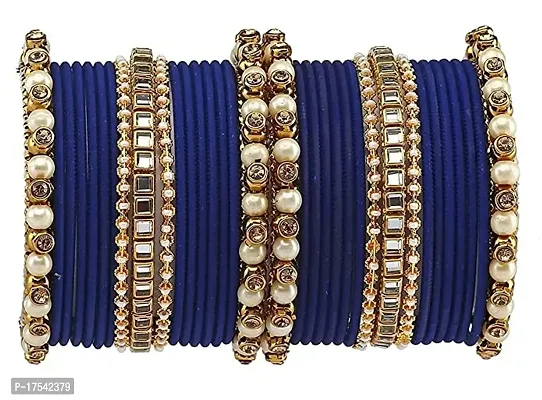 DONERIA Metal Base Metal with Zircon Gemstone Or Pearl worked and Linked with Ball Chain Glossy Finished Bangle Set For Women and Girls, (Blue_2.4 Inches), Pack Of 34 Bangle Set-thumb3