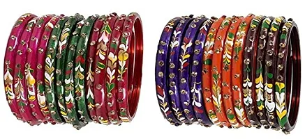 DONERIA Glass with Zircon Gemstone Studded worked and Flower Pattern Glossy Finished Kada Set For Women and Girls-thumb2