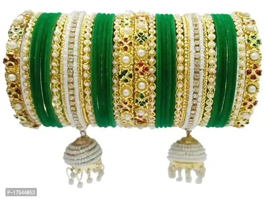 DONERIA Metal Base Metal with Zircon Gemstone Or Velvet worked and Ball Chain with Jhumki Type Latkan Bangle Set For Women and Girls, (Green_2.4 Inches), Pack Of 30 Bangle Set-thumb0