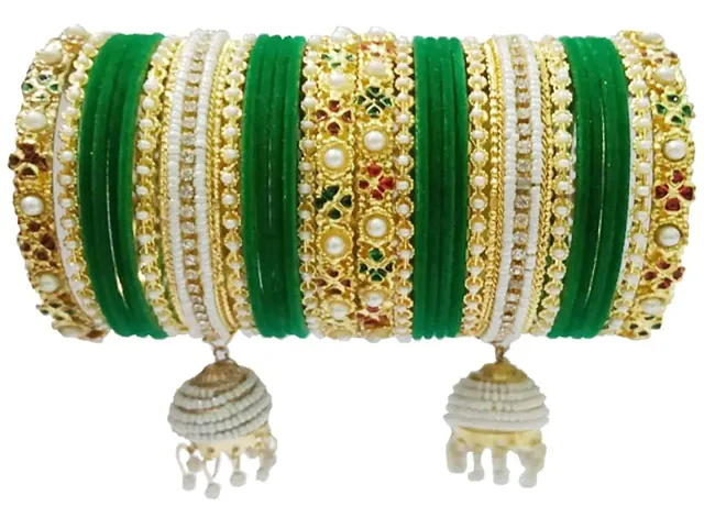 DONERIA Metal Base Metal with Zircon Gemstone Or Velvet worked and Ball Chain with Jhumki Type Latkan Bangle Set For Women and Girls, (Green_2.4 Inches), Pack Of 30 Bangle Set