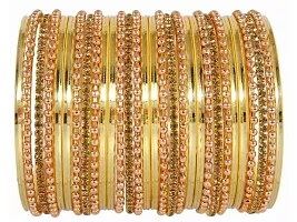 DONERIA Metal Base Metal with Zircon Gemstone worked and Linked with Ball Chain Glossy Finished Bangle Set For Women and Girls, (Golden_2.4 Inches), Pack Of 30 Bangle Set-thumb2