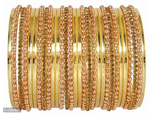 DONERIA Metal Base Metal with Zircon Gemstone worked and Linked with Ball Chain Glossy Finished Bangle Set For Women and Girls, (Golden_2.4 Inches), Pack Of 30 Bangle Set-thumb3