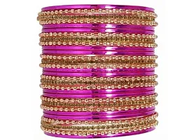 DONERIA Metal Base Metal with Zircon Gemstone worked and Linked with Ball Chain Glossy Finished Bangle Set For Women and Girls, (DarkPink_2.4 Inches), Pack Of 30 Bangle Set-thumb2