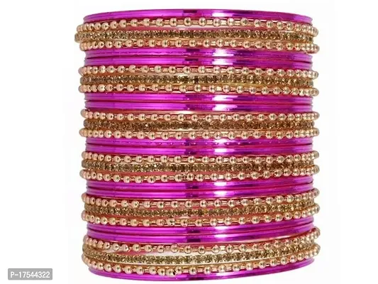 DONERIA Metal Base Metal with Zircon Gemstone worked and Linked with Ball Chain Glossy Finished Bangle Set For Women and Girls, (DarkPink_2.4 Inches), Pack Of 30 Bangle Set-thumb3