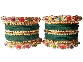 DONERIA Metal Base Metal and Zircon Gemstone Studded with Pearl Or Velvet worked and Linked with Ball Chain Glossy Finished Bangle Set For Women and Girls, (Green_2.6 Inches), Pack Of 38 Bangle Set-thumb2