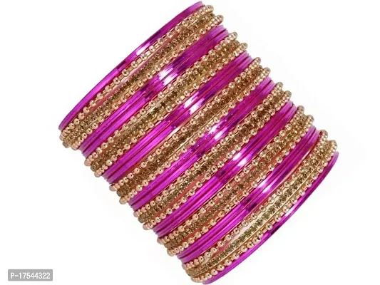 DONERIA Metal Base Metal with Zircon Gemstone worked and Linked with Ball Chain Glossy Finished Bangle Set For Women and Girls, (DarkPink_2.4 Inches), Pack Of 30 Bangle Set-thumb2