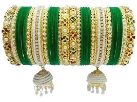 DONERIA Metal Base Metal with Zircon Gemstone Or Velvet worked and Ball Chain with Jhumki Type Latkan Bangle Set For Women and Girls, (Green_2.4 Inches), Pack Of 30 Bangle Set-thumb3