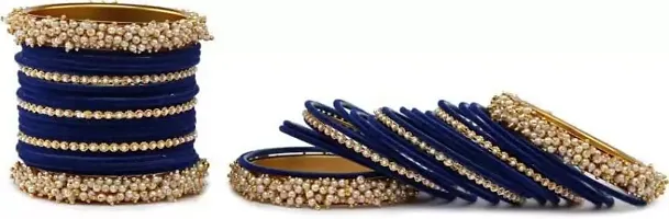 DONERIA Non-Precious Metal Base Metal with Pearl Or Velvet worked Glossy Finished Bangle Set For Women and Girls, (Blue_2.4 Inches), Pack Of 42 Bangle Set-thumb2