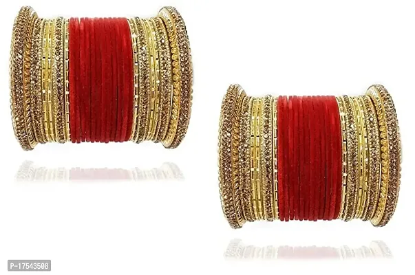 DONERIA Metal Base Metal with Zircon Gemstone Or Velvet worked Glossy Finished Bangle Set, (Red_2.2 Inches), Pack Of 48 Bangle Set