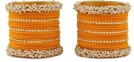 DONERIA Non-Precious Metal Base Metal with Pearl Or Velvet worked Glossy Finished Bangle Set For Women and Girls, (Haldi_2.4 Inches), Pack Of 42 Bangle Set-thumb1