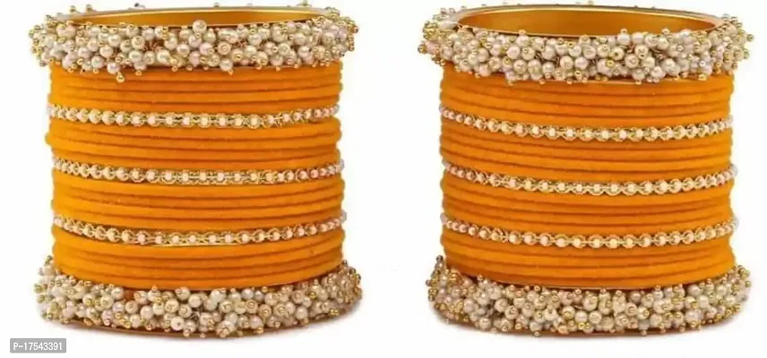 DONERIA Non-Precious Metal Base Metal with Pearl Or Velvet worked Glossy Finished Bangle Set For Women and Girls, (Haldi_2.4 Inches), Pack Of 42 Bangle Set-thumb2