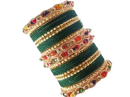 DONERIA Metal Base Metal and Zircon Gemstone Studded with Pearl Or Velvet worked and Linked with Ball Chain Glossy Finished Bangle Set For Women and Girls, (Green_2.6 Inches), Pack Of 38 Bangle Set-thumb1