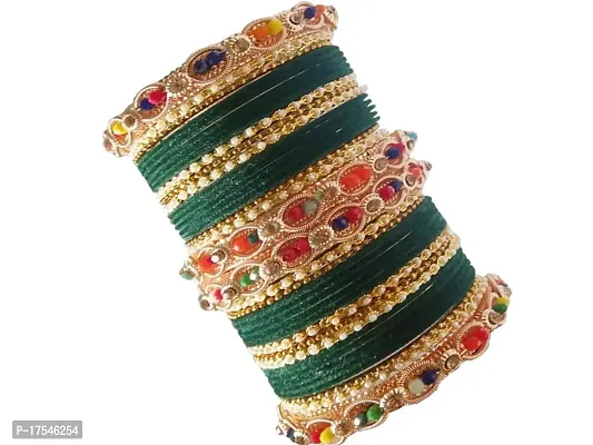 DONERIA Metal Base Metal and Zircon Gemstone Studded with Pearl Or Velvet worked and Linked with Ball Chain Glossy Finished Bangle Set For Women and Girls, (Green_2.6 Inches), Pack Of 38 Bangle Set-thumb2