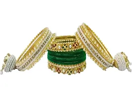 DONERIA Metal Base Metal with Zircon Gemstone Or Velvet worked and Ball Chain with Jhumki Type Latkan Bangle Set For Women and Girls, (Green_2.4 Inches), Pack Of 30 Bangle Set-thumb2