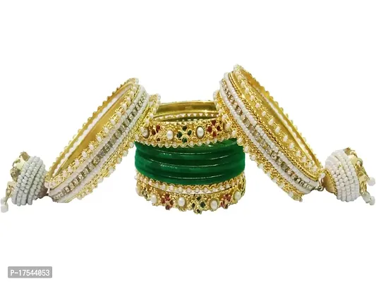 DONERIA Metal Base Metal with Zircon Gemstone Or Velvet worked and Ball Chain with Jhumki Type Latkan Bangle Set For Women and Girls, (Green_2.4 Inches), Pack Of 30 Bangle Set-thumb3