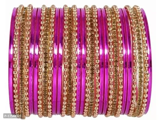 DONERIA Metal Base Metal with Zircon Gemstone worked and Linked with Ball Chain Glossy Finished Bangle Set For Women and Girls, (DarkPink_2.4 Inches), Pack Of 30 Bangle Set-thumb4