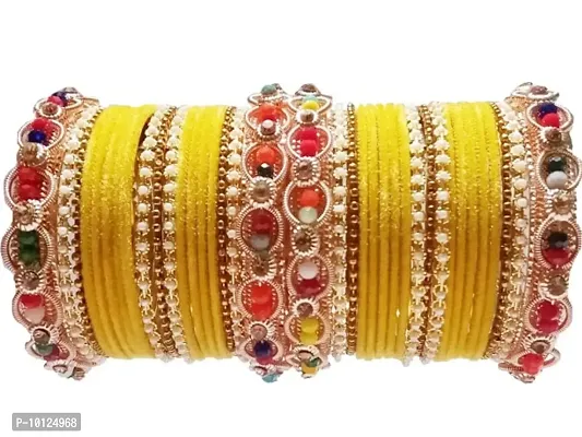 Metal with Zircon Gemstone Or Velvet Bangle Set For Women and Girls, (Yellow), Pack Of 38 Bangle Set