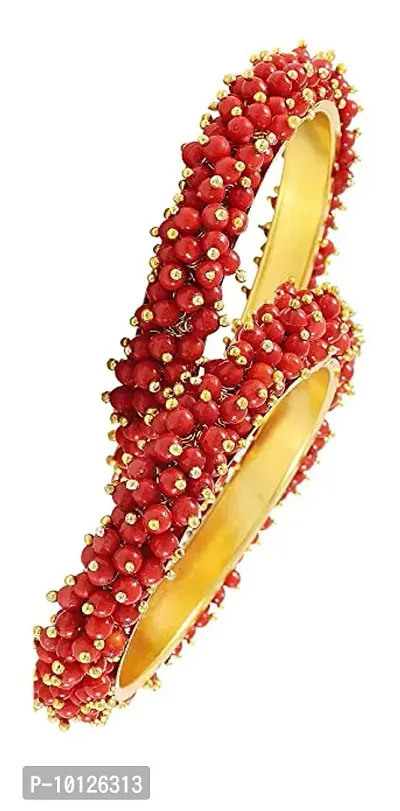 Metal with Pearl worked Kada Set For Women and Girls, (Red), Pack Of 2 Kada Set-thumb4