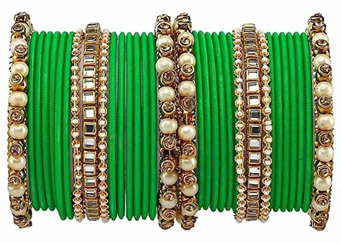 Metal with Beads worked Bangle Set For Women and Girls, (Green), Pack Of 34 Bangle Set