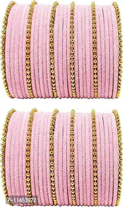 Metal with Velvet worked Bangle Set For Women and Girls, (Pink), Pack Of 60 Bangle Set-thumb0