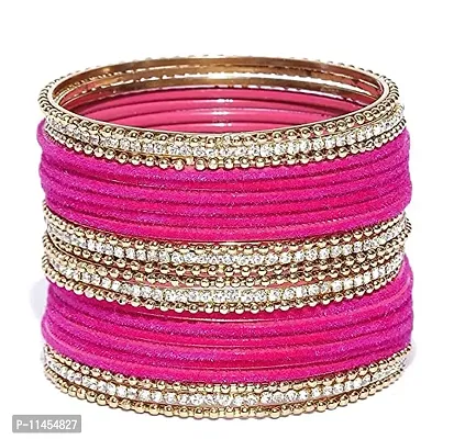 Metal with Zircon Or Velvet Bangle Set For Women and Girls, (Magenta), Pack Of 24 Bangle Set