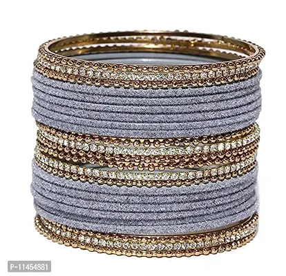 Metal with Zircon Or Velvet Bangle Set For Women and Girls, (Grey), Pack Of 24 Bangle Set