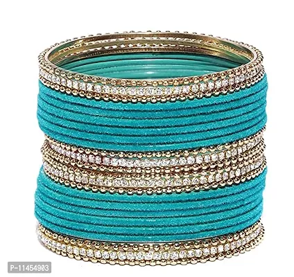 Metal with Zircon Or Velvet Bangle Set For Women and Girls, (SkyBlue), Pack Of 24 Bangle Set