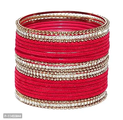 Metal with Zircon Or Velvet Bangle Set For Women and Girls, (Red), Pack Of 24 Bangle Set