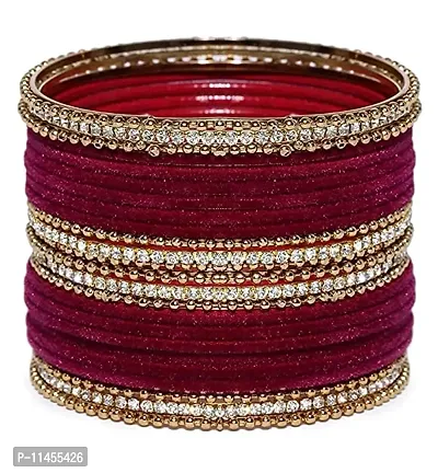 Metal with Zircon Or Velvet Bangle Set For Women and Girls, (Maroon), Pack Of 24 Bangle Set