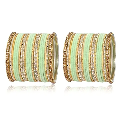 Metal with Zircon Or Velvet Bangle Set For Women and Girls, (Pista), Pack Of 56 Bangle Set