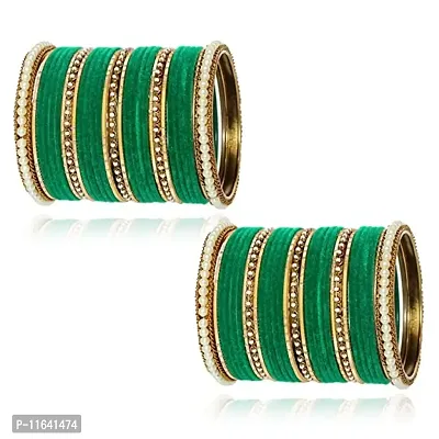 Metal with Pearl Or Velvet Bangle Set For Women and Girls, (Green), Pack Of 58 Bangle Set