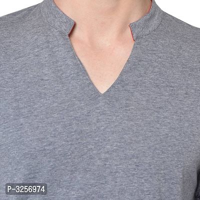 Men's Grey Cotton Solid V Neck Tees-thumb5