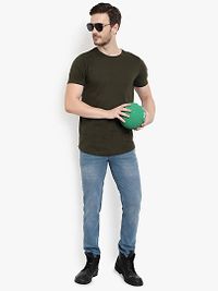 Men's Olive Solid Cotton Round Neck Tees-thumb4