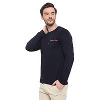 Men's Navy Blue Solid Cotton Round Neck Tees-thumb2