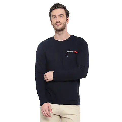 Glito Men's Casual Wear Slim Fit Full Sleeves Round Neck T-Shirts (Navy)