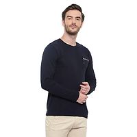 Men's Navy Blue Solid Cotton Round Neck Tees-thumb3