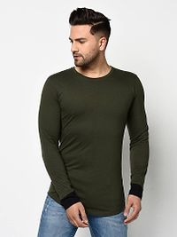 Men's Olive Cotton Solid Round Neck Tees-thumb2