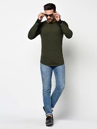 Men's Olive Cotton Solid Round Neck Tees-thumb4