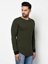 Men's Olive Cotton Solid Round Neck Tees-thumb3