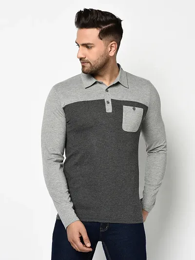 Men's Multicoloured Cotton Polo Full Sleeve T Shirt