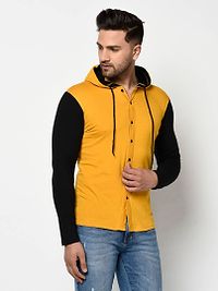 Men's Yellow Cotton Self Pattern Hooded Tees-thumb2