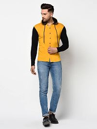 Men's Yellow Cotton Self Pattern Hooded Tees-thumb4