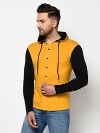 Men's Yellow Cotton Self Pattern Hooded Tees-thumb3