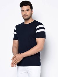 Men's Navy Blue Self Pattern Cotton Round Neck Tees-thumb2