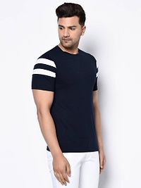 Men's Navy Blue Self Pattern Cotton Round Neck Tees-thumb3