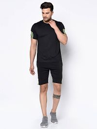 Stylish Black Striped Polyester Spandex Sports T-shirt  Shorts Set-thumb3