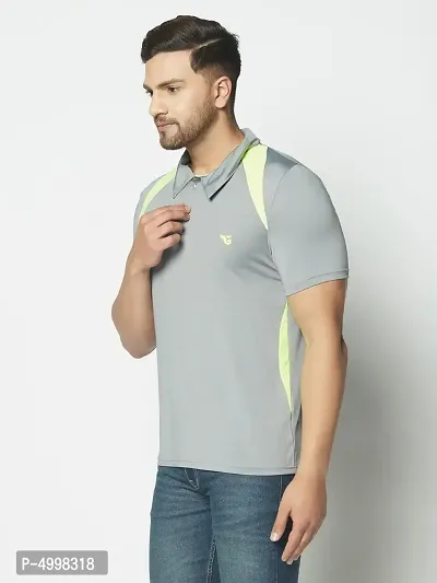 Men's Grey  Neon Green Stripe Running,Gym wear  Active wear Polo Collar Sports T-shirt-thumb3