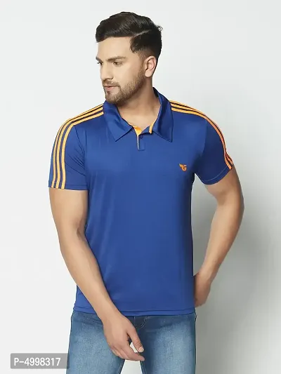 Men's Blue  Neon Orange Stripe Running,Gym wear  Active wear Polo Collar Sports T-shirt