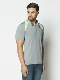 Men's Grey  Neon Green Stripe Running,Gym wear  Active wear Polo Collar Sports T-shirt-thumb3