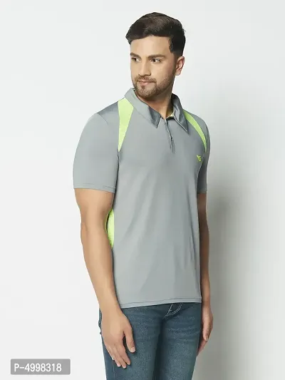 Men's Grey  Neon Green Stripe Running,Gym wear  Active wear Polo Collar Sports T-shirt-thumb4